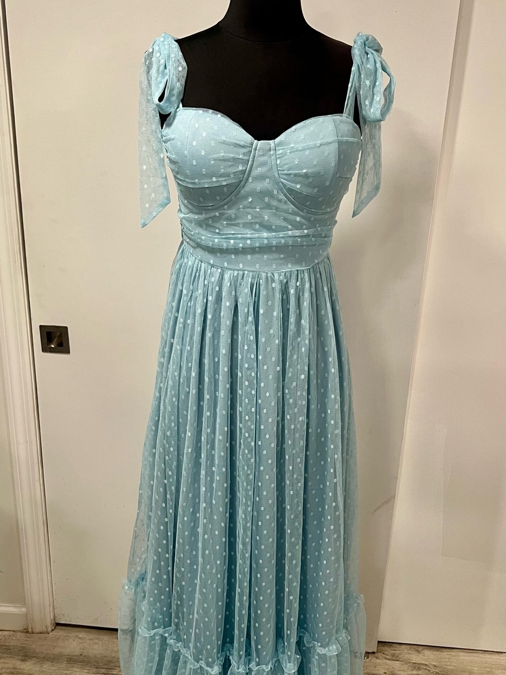 Light Blue Polka Dot Tie-Shoulder Maxi Dress
